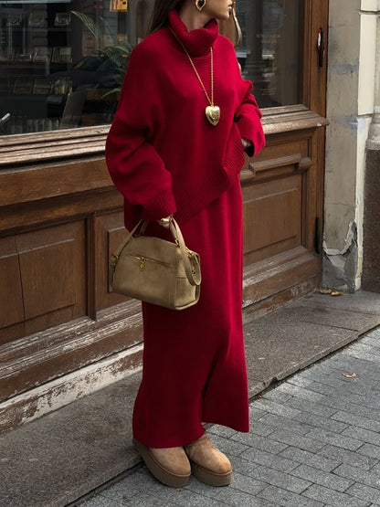 Blue Knit 2-Piece Set – Turtleneck Long Sleeve Sweater & Ankle-Length Skirt for Women