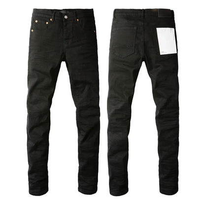 Men's Luxury Distressed Black Streetwear High Stretch Skinny Button Fly Ripped Jean Pants