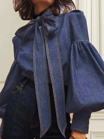 New Trendy Imitation Denim Blouse Puff Sleeves & Bow Neck for Women