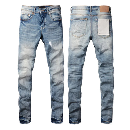 Men's Luxury Distressed Black Streetwear High Stretch Skinny Button Fly Ripped Jean Pants