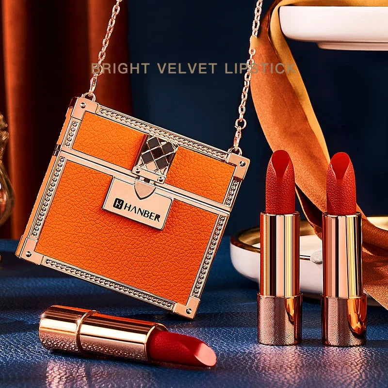 Makeup Korean Matte Lipstick Set Waterproof Long Lasting Leather Bag Velvet Vitamin Lip Gloss Kit Box