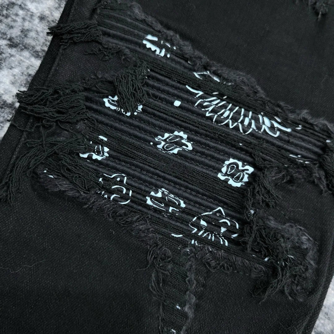 Men's Paisley florals prints leather ribbed patch distressed black jeans