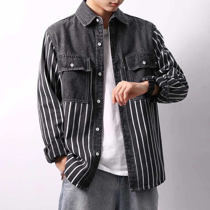 Denim Striped Shirts Men's Spring Autumn 100% Cotton