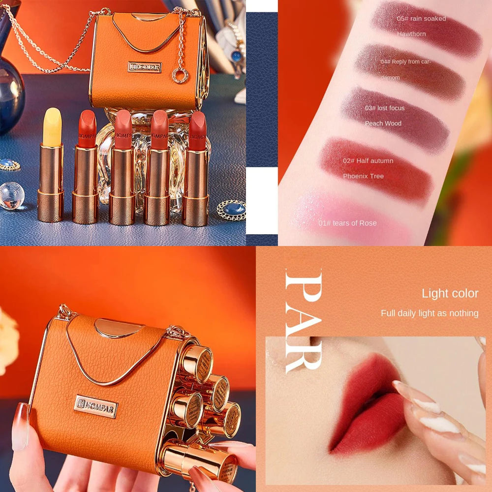 Makeup Korean Matte Lipstick Set Waterproof Long Lasting Leather Bag Velvet Vitamin Lip Gloss Kit Box