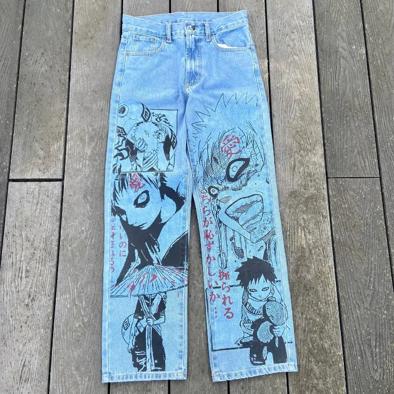 Y2K Anime Baggy Denim Pants Trend Hand Drawn Printed Pattern Unisex Jeans