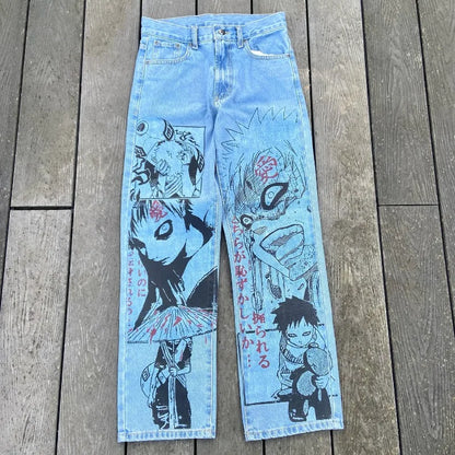 Y2K Anime Baggy Denim Pants Trend Hand Drawn Printed Pattern Unisex Jeans