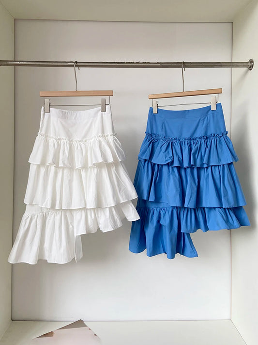 Blue High Waist Irregular Ruffles Knee-Length Skirt Women Fashion New 2025