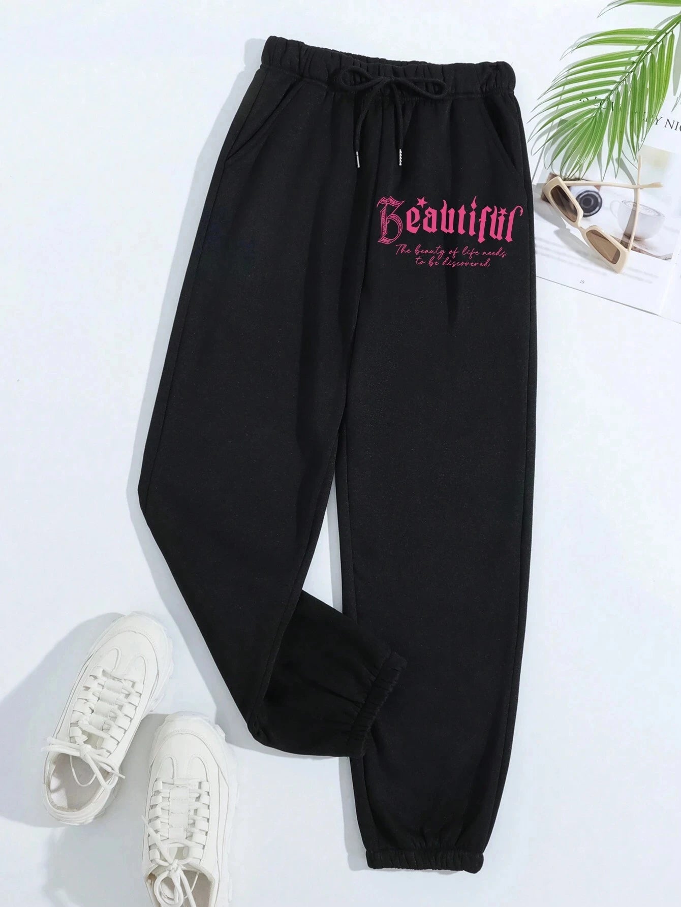 Pink Letter Printing Women's Autumn Casual Loose Pants