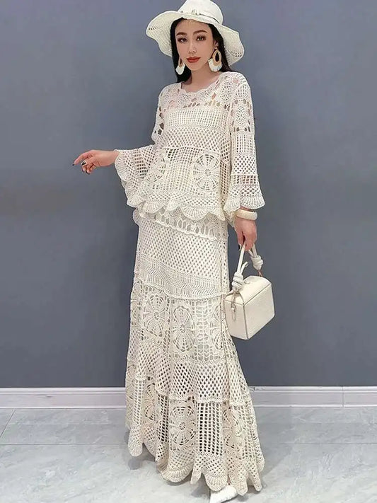 Elegant & Effortless: 2025 Lace Hollow Top and Swing Skirt Set