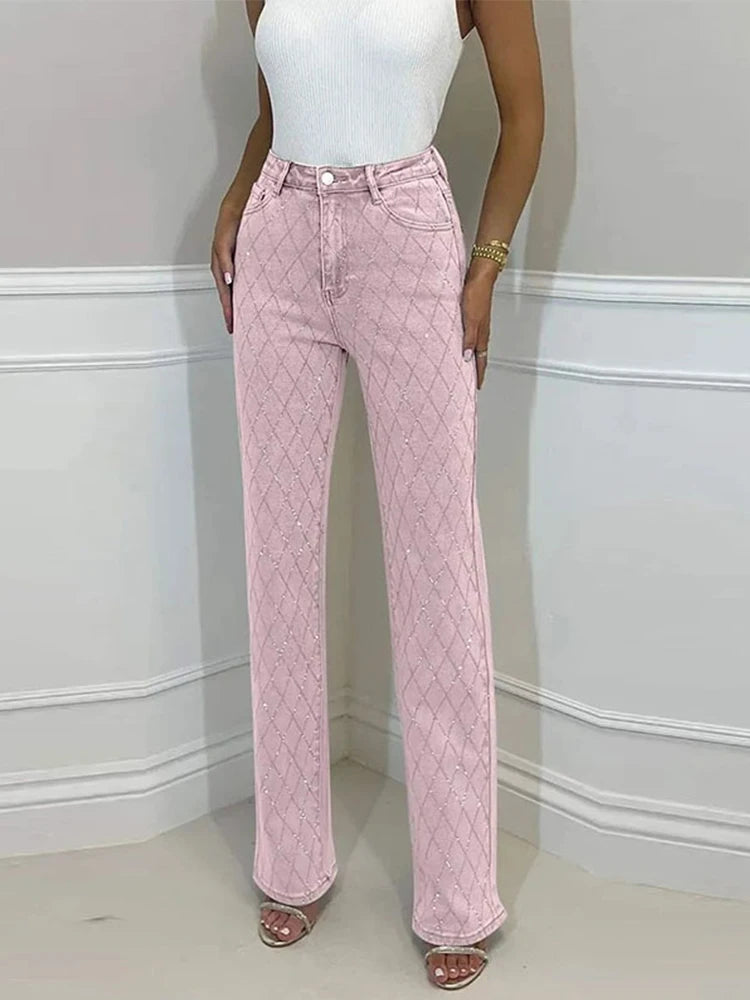 Trendy Shiny Denim Jeans Pant With Rhinestones For Women Diamond-Patterned Trousers