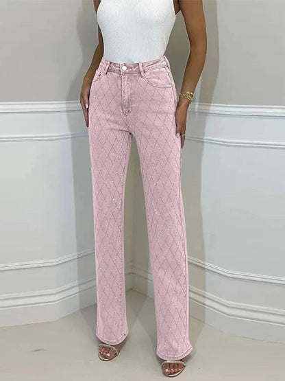 Trendy Shiny Denim Jeans Pant With Rhinestones For Women Diamond-Patterned Trousers
