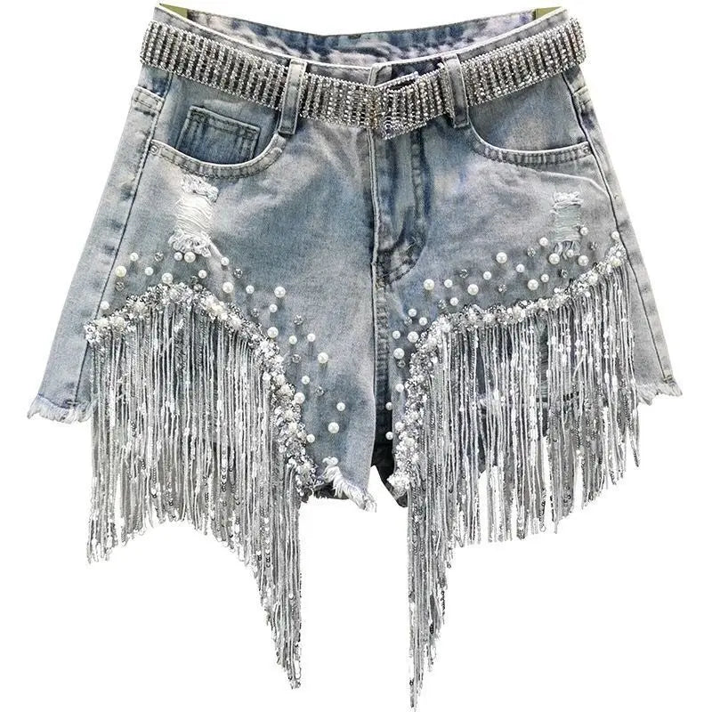 New Beaded High Waist Denim Shorts Women 2025