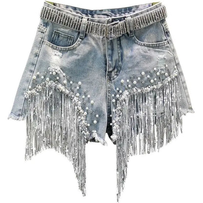 New Beaded High Waist Denim Shorts Women 2025