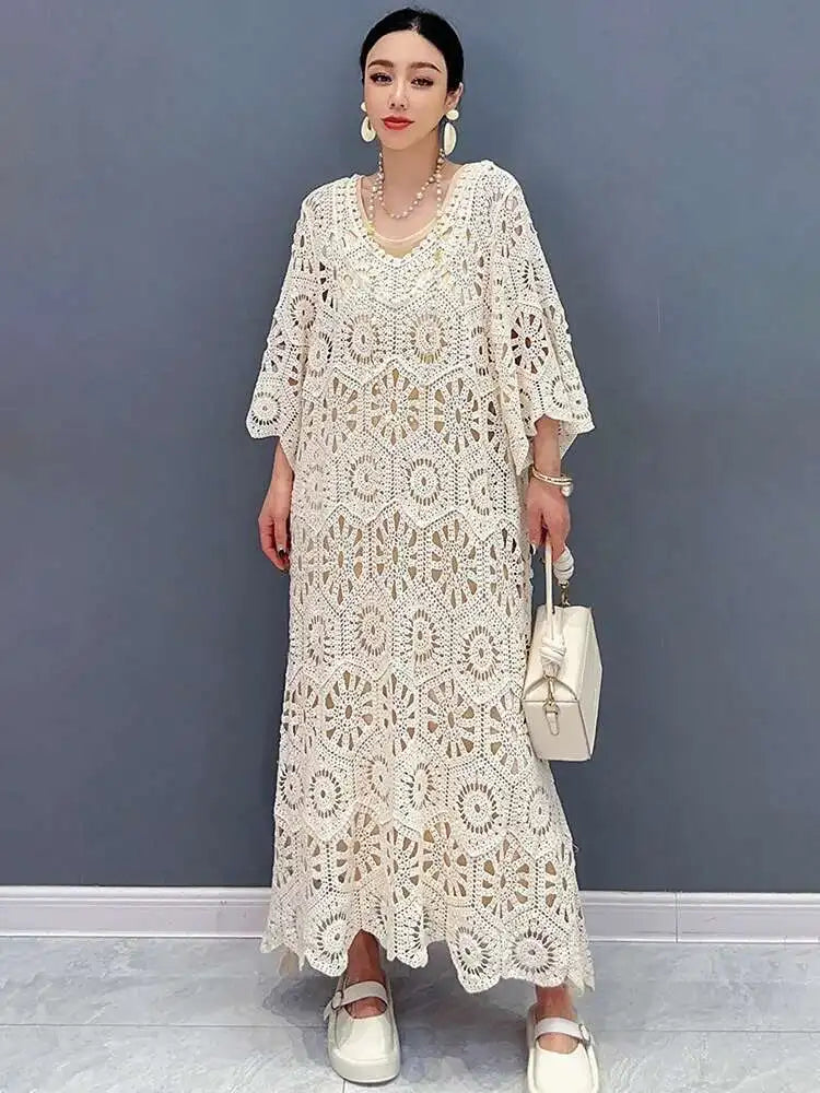 Women's Dress Hooked Flower Hollow Elegant Fashion Loose Beautiful Long Dresses 2025