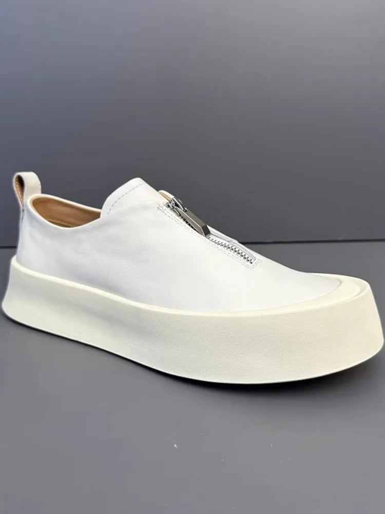 Handmade Fashion Men Zipper Loafers Thick Platform Cowhide Genuine Leather Casual Shoes