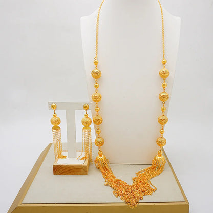 Necklace & Earrings (Tassel Style) for Women, 24K Gold, AU999 Gold-inlaid vine with twisted-leaf tassels, embodying forest grace