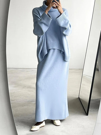 Blue Knit 2-Piece Set – Turtleneck Long Sleeve Sweater & Ankle-Length Skirt for Women