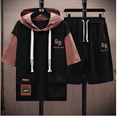 New Hooded Casual Two Piece Short Sleeve Cotton Men
